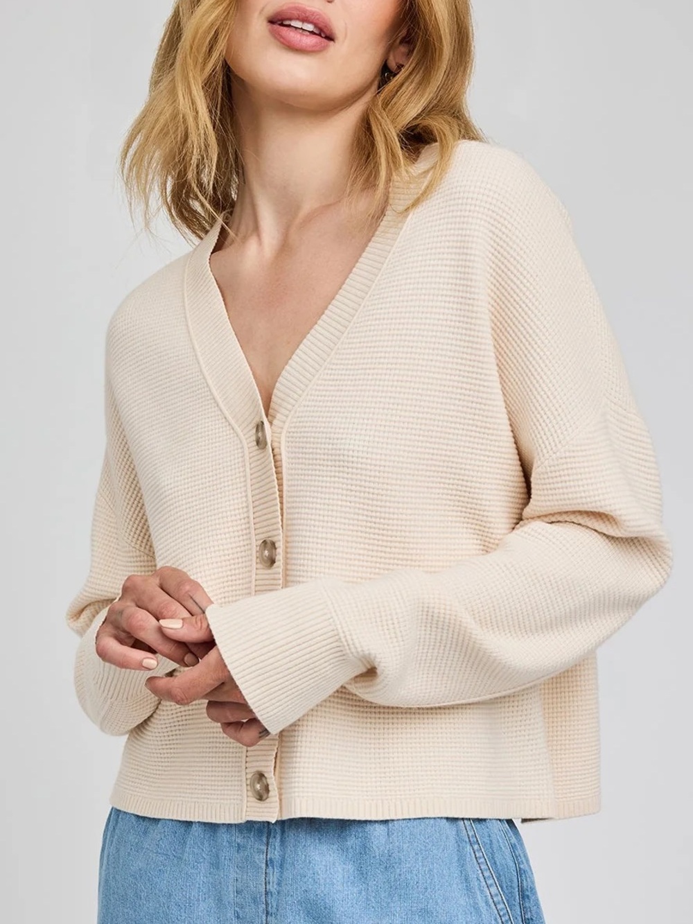 Gentle Fawn Soft Cream Waffle-Knit Button Cardigan